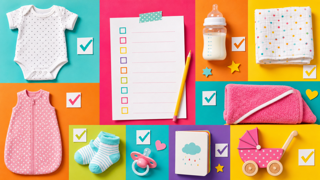 Checklist de liste de naissance avec essentiels bébé dans une chambre douce