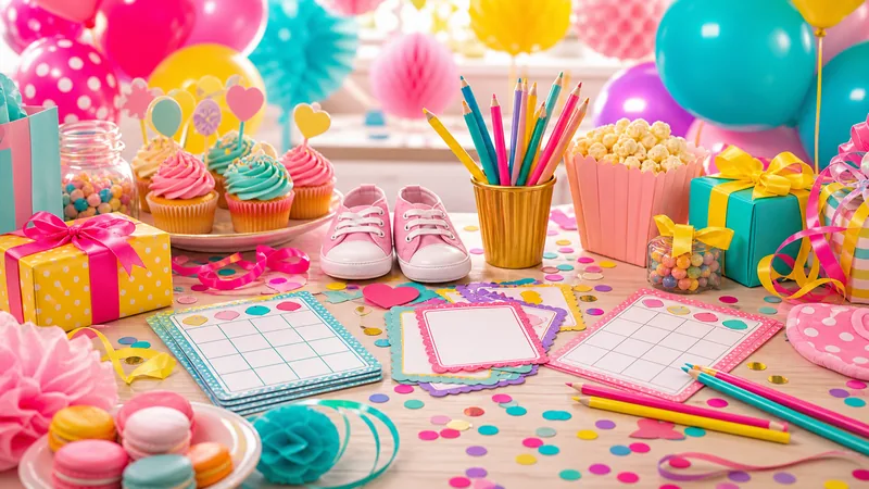 Animations baby shower avec jeux imprimes, crayons et decorations colorees