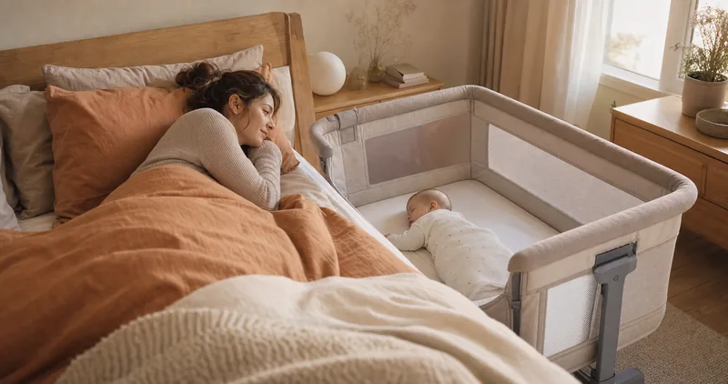 Parent et bebe pres d'un berceau cododo Chicco Next2Me dans une chambre douce et lumineuse