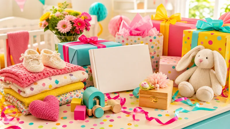 Idées cadeaux naissance présentées comme un coffret coloré pour bébé