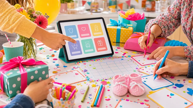Jeu de pronostics bébé et partage de liste de naissance pendant une fête colorée
