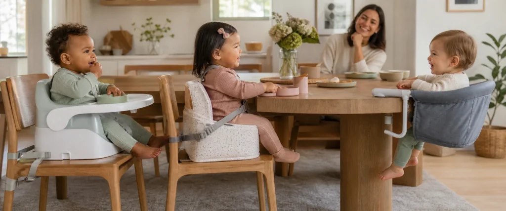 Trois bébés installés dans différents types de rehausseurs à table