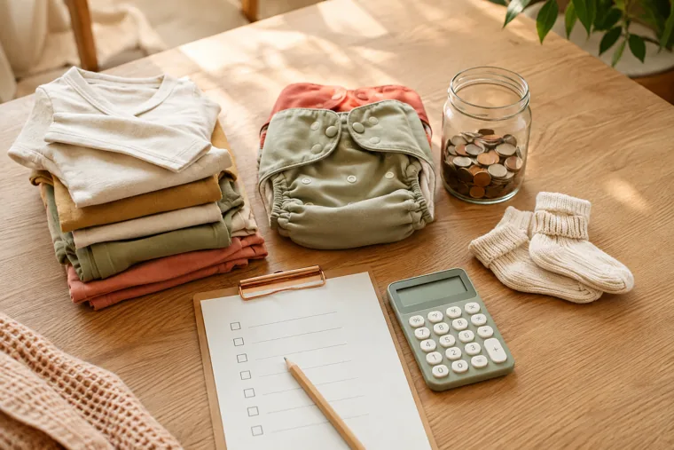 Vêtements, couches et calculatrice pour organiser le budget de naissance de bébé