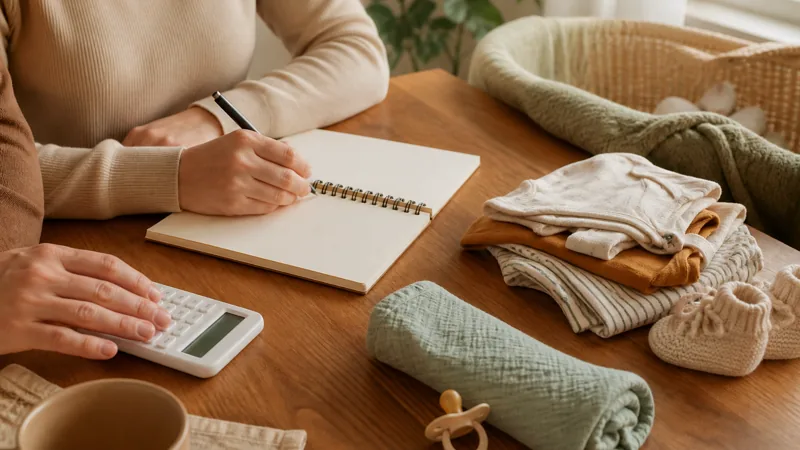 Budget naissance bébé : parents préparant les achats avec un carnet et une calculatrice